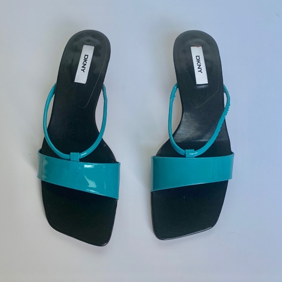 Dkny Shoes - DKNY Turquoise Patent Leather Kitten Heel Sandals Dkny Shoes - DKNY Turquoise Patent Leather Kitten Heel Sandals